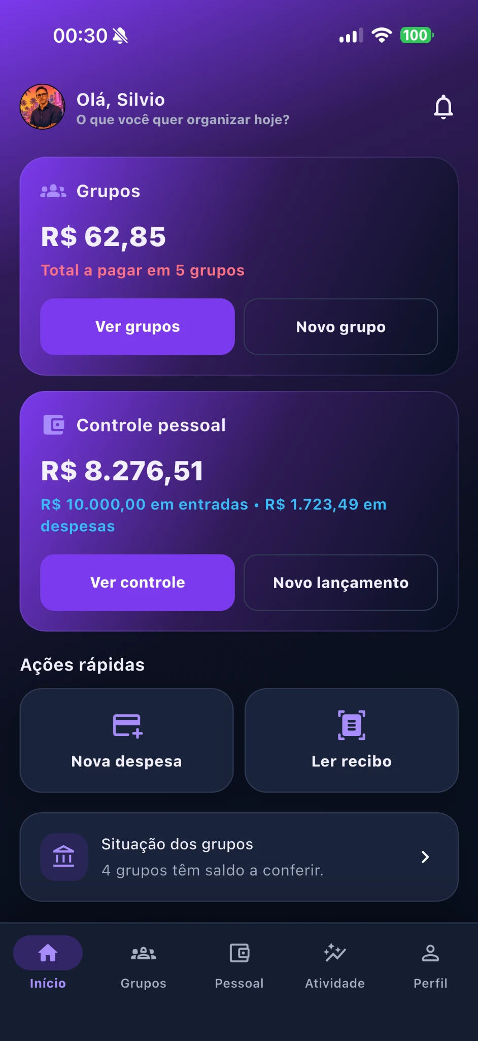 Tela inicial do Divvio com grupos e controle pessoal